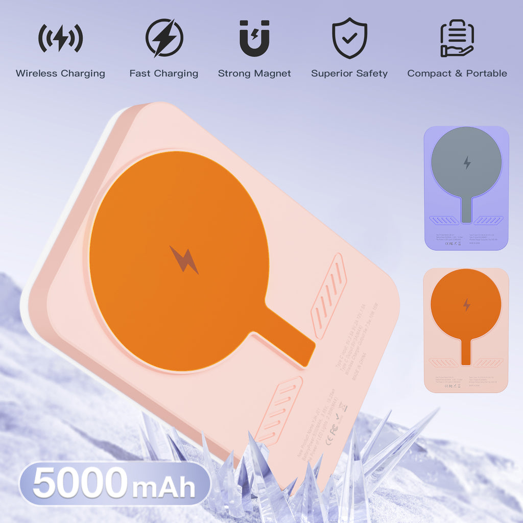 Baterie externă magnetică Glow compatibilă cu MagSafe 5000 mAh 15 W - Inel LED RGB și Oglindă