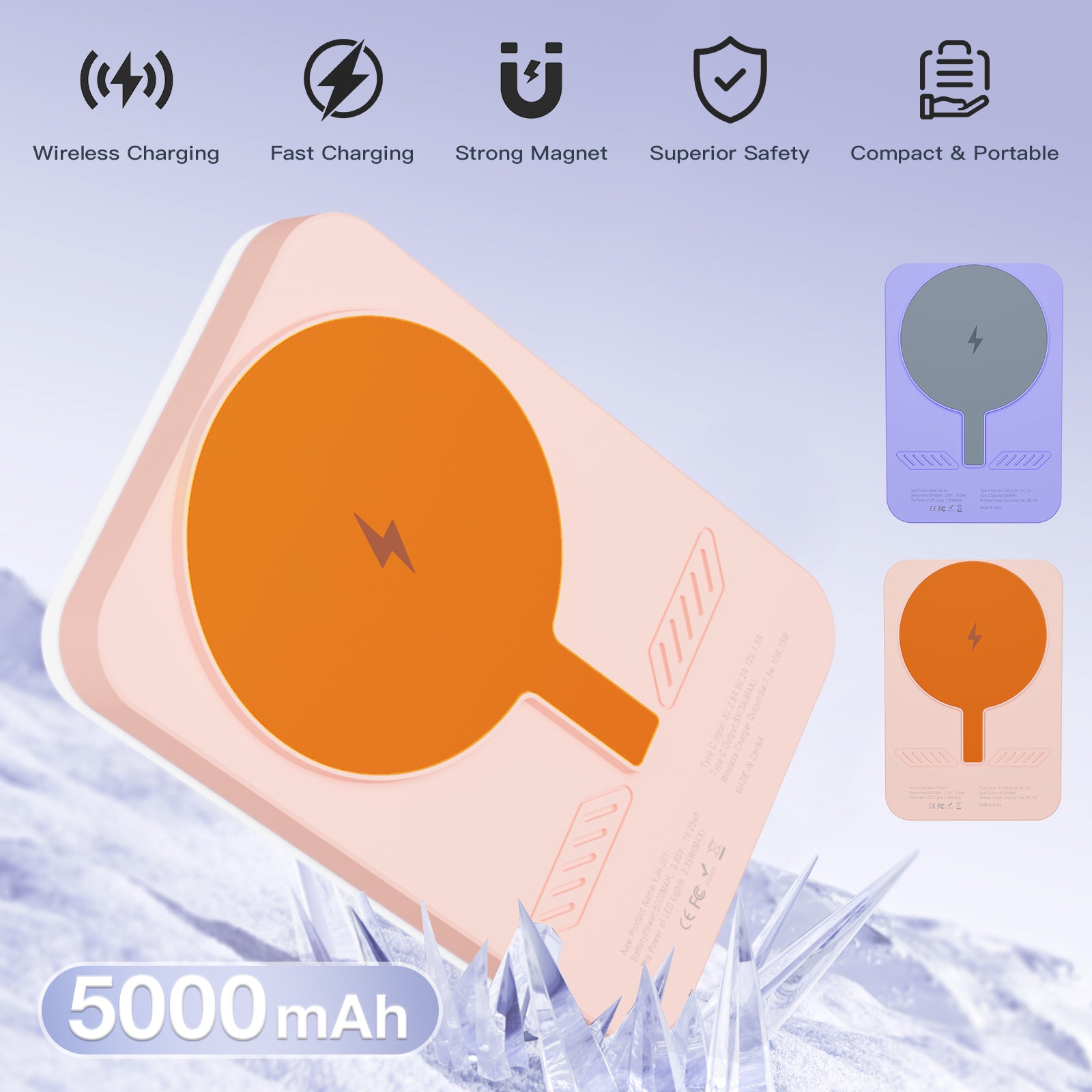 Baterie externă magnetică Glow compatibilă cu MagSafe 5000 mAh 15 W - Inel LED RGB și Oglindă