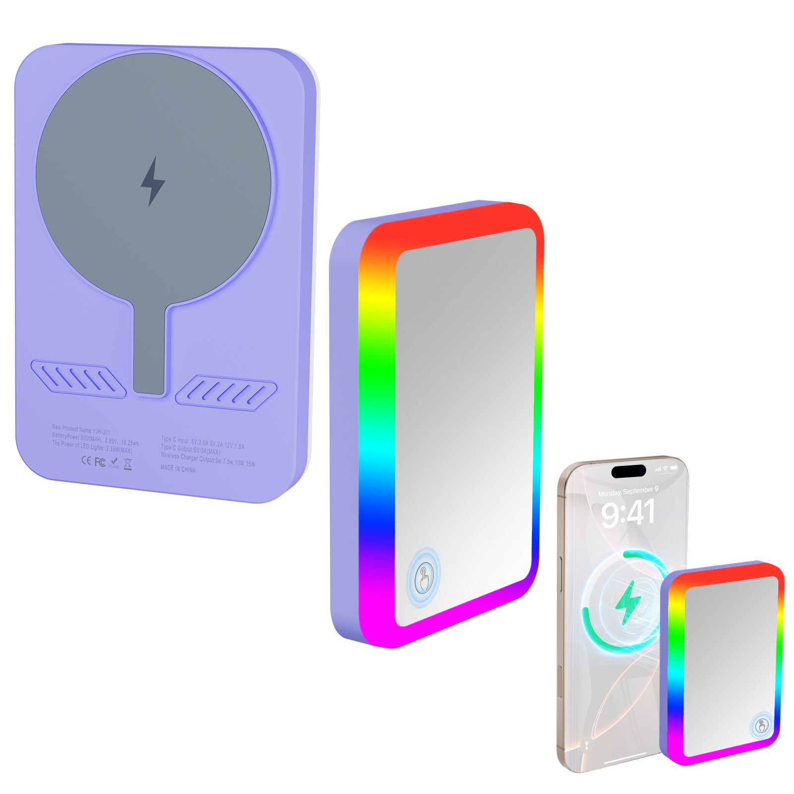 Baterie externă magnetică Glow compatibilă cu MagSafe 5000 mAh 15 W - Inel LED RGB și Oglindă