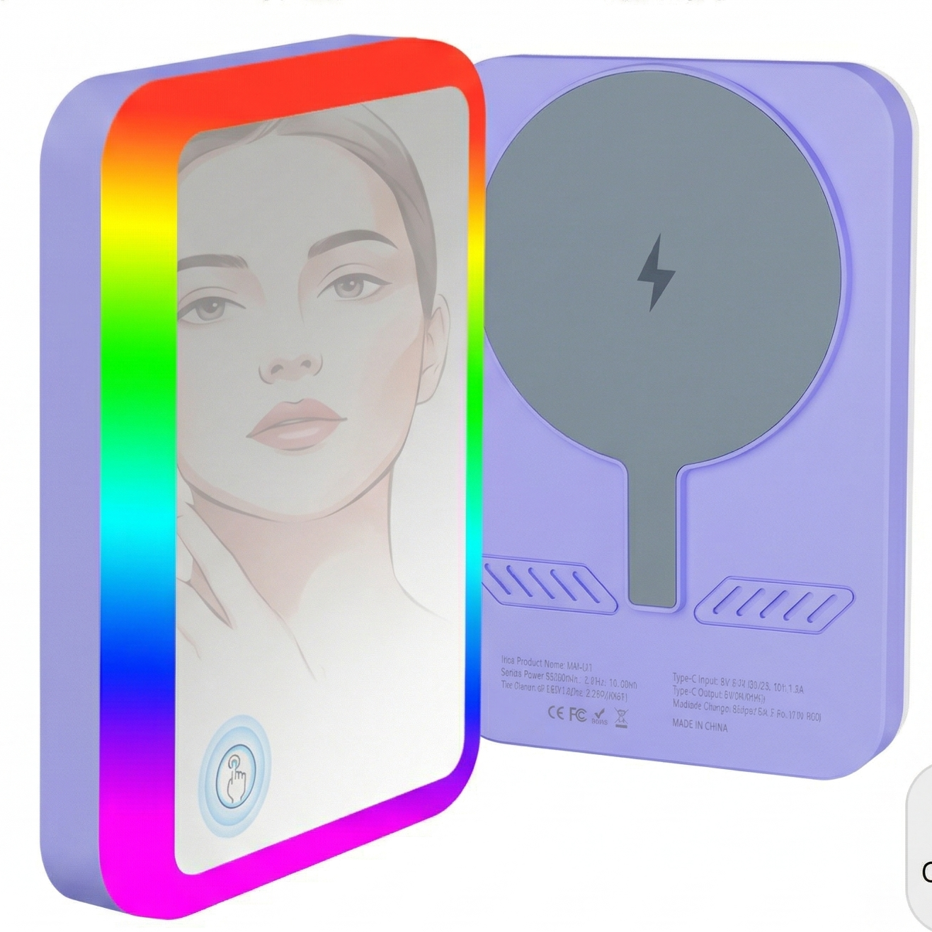 Baterie externă magnetică Glow compatibilă cu MagSafe 5000 mAh 15 W - Inel LED RGB și Oglindă