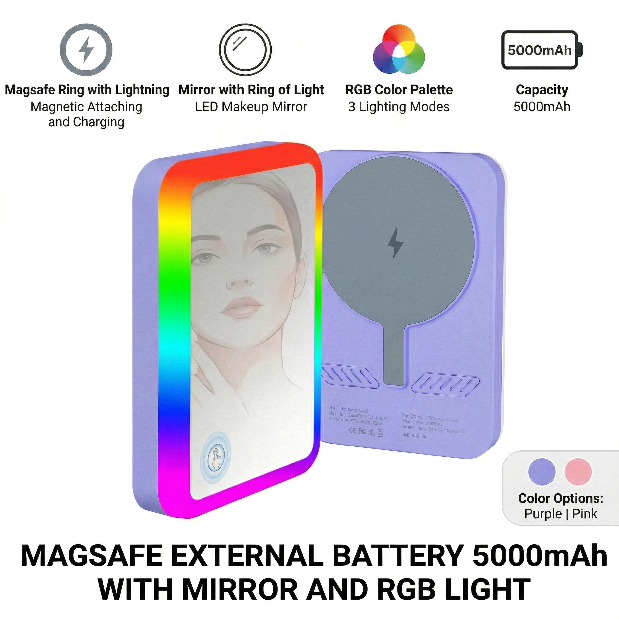 Baterie externă magnetică Glow compatibilă cu MagSafe 5000 mAh 15 W - Inel LED RGB și Oglindă
