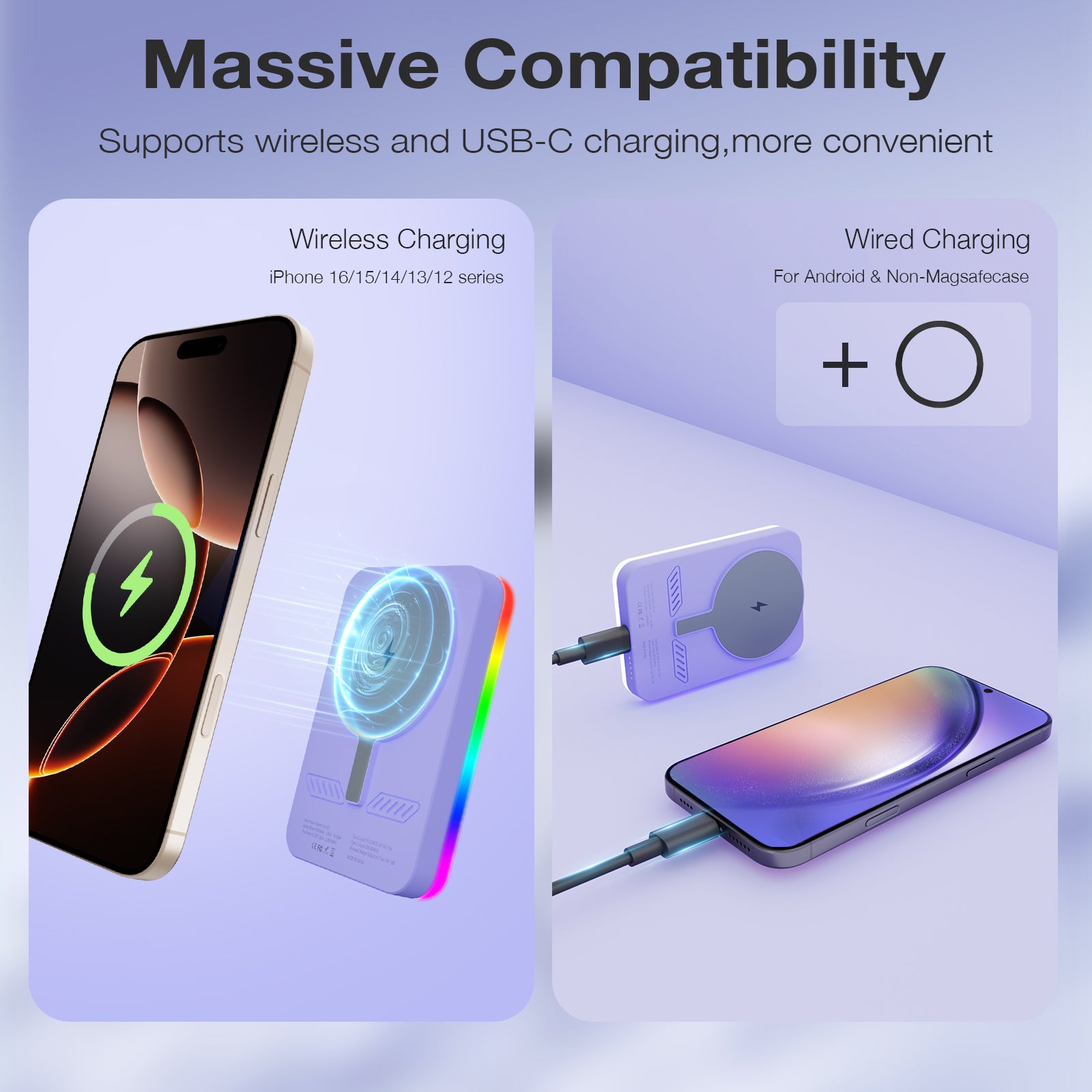 Baterie externă magnetică Glow compatibilă cu MagSafe 5000 mAh 15 W - Inel LED RGB și Oglindă