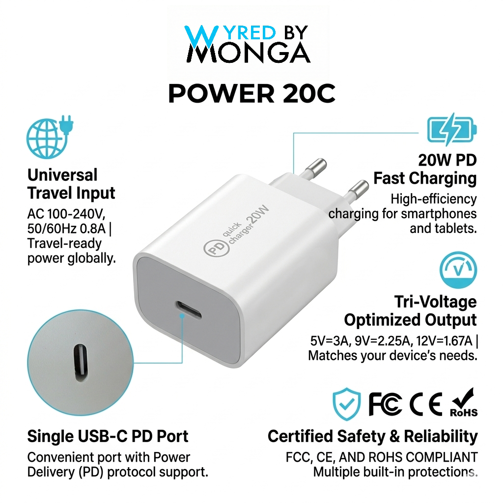 Încărcător de perete Power 20C, 20W USB-C Power Delivery, Universal, Alb