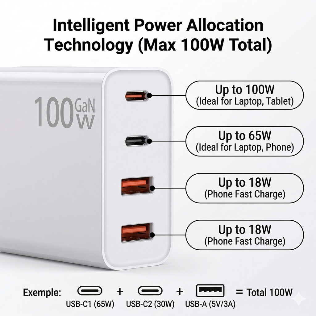 Încărcător rapid GaN de 100 W Power 100CA1 - 4 porturi