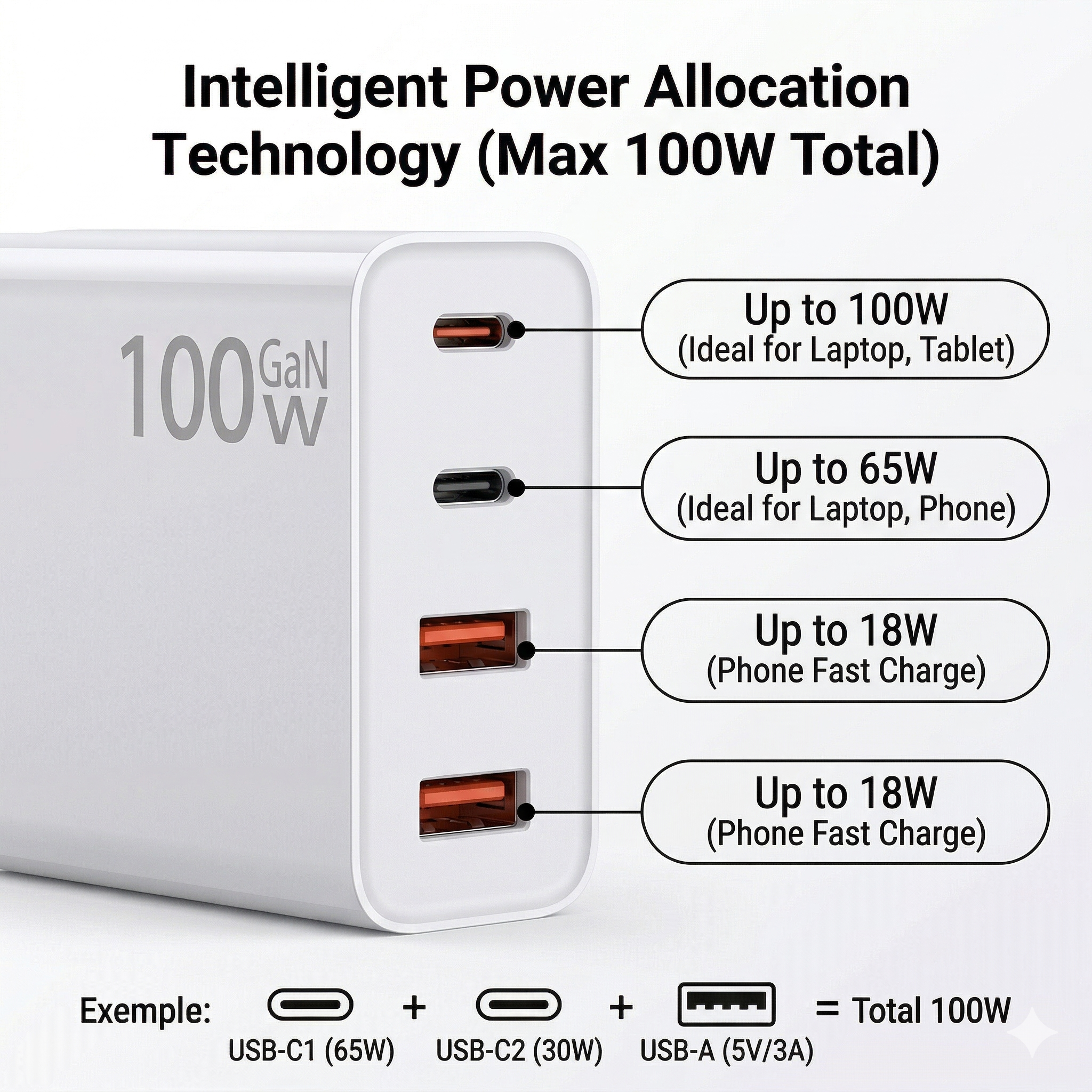 Încărcător rapid GaN de 100 W Power 100CA1 - 4 porturi