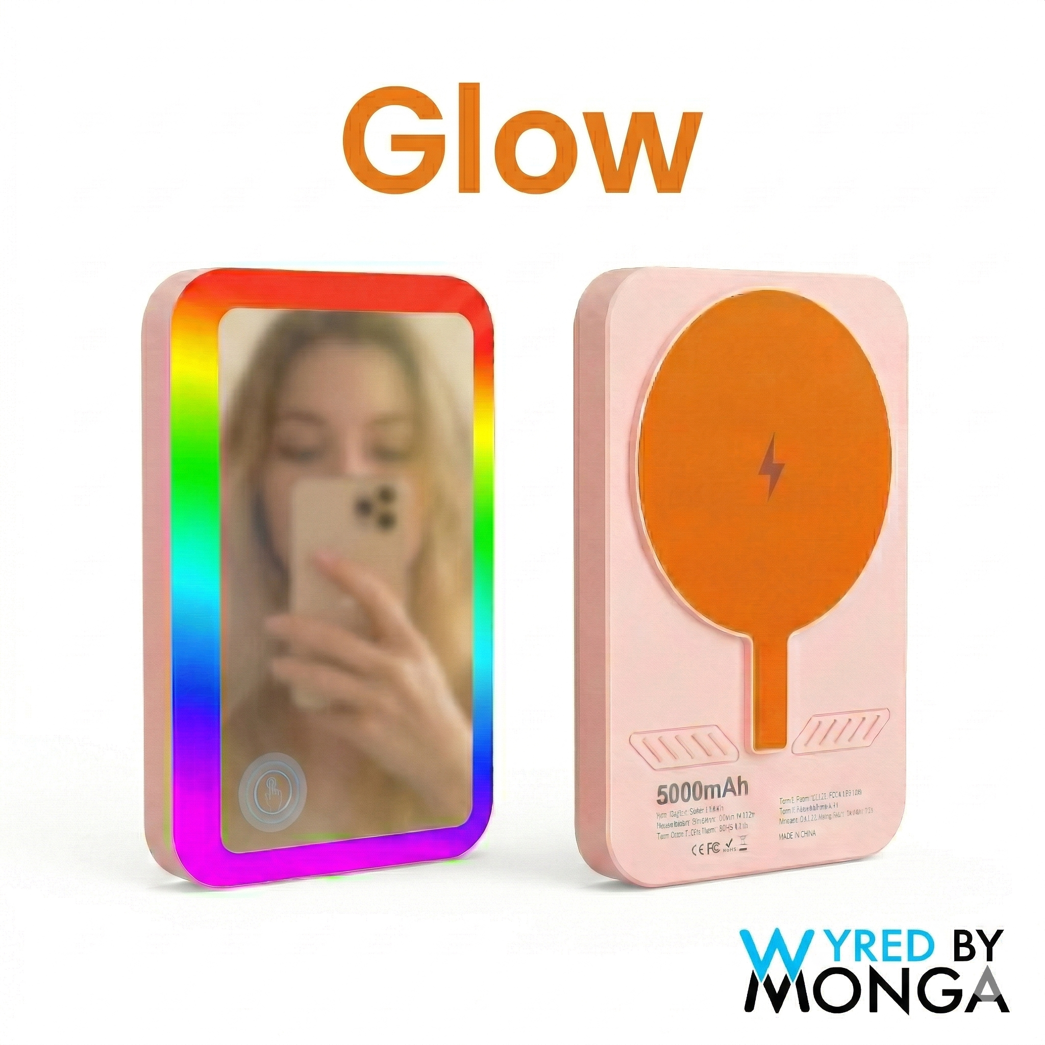 Baterie externă magnetică Glow compatibilă cu MagSafe 5000 mAh 15 W - Inel LED RGB și Oglindă